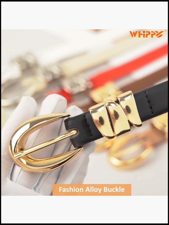 PU Leather Skinny Belt with Gold Buckle for Jeans Dresses